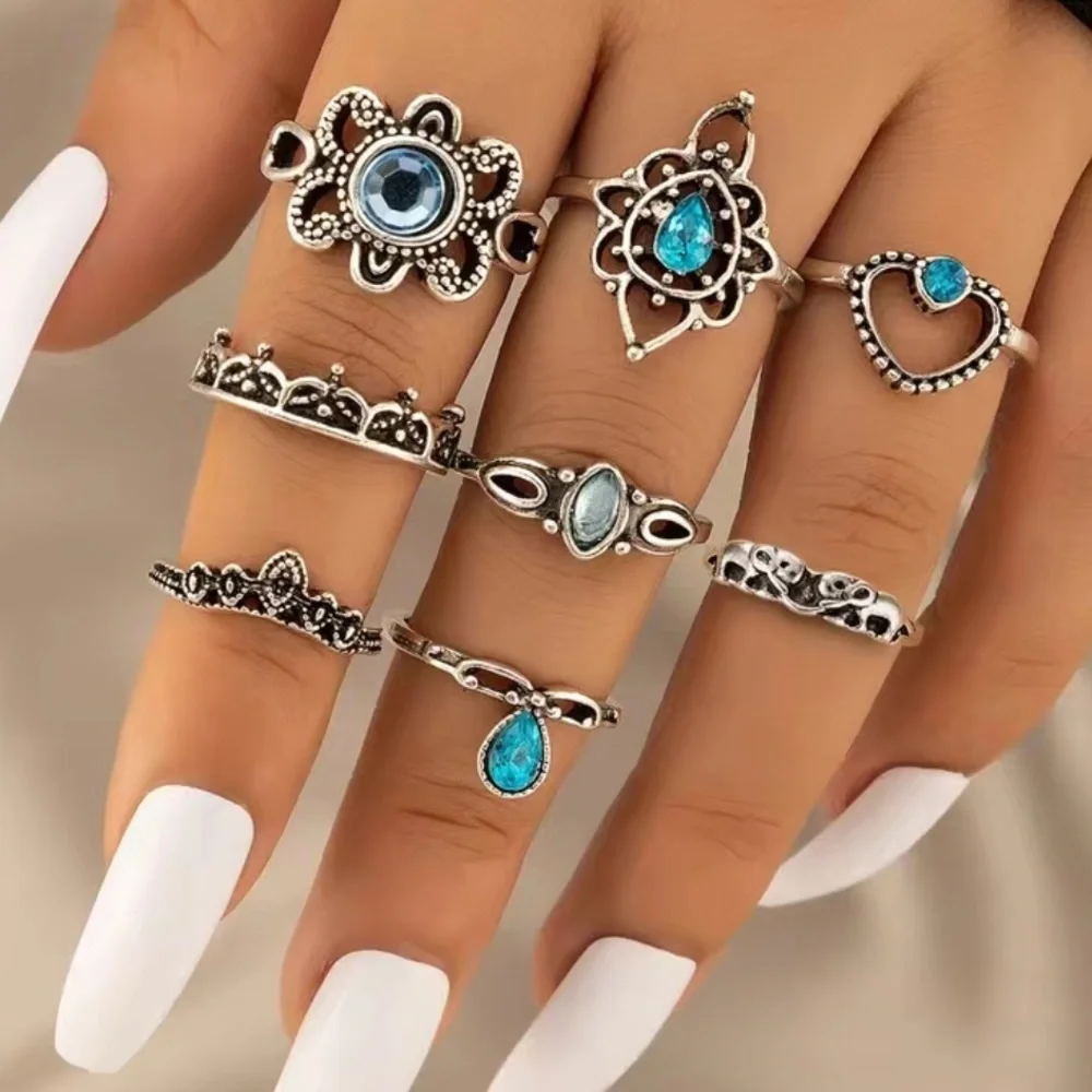Vintage Boho Heart Flower Blue Gemstone Ring Set 8pc